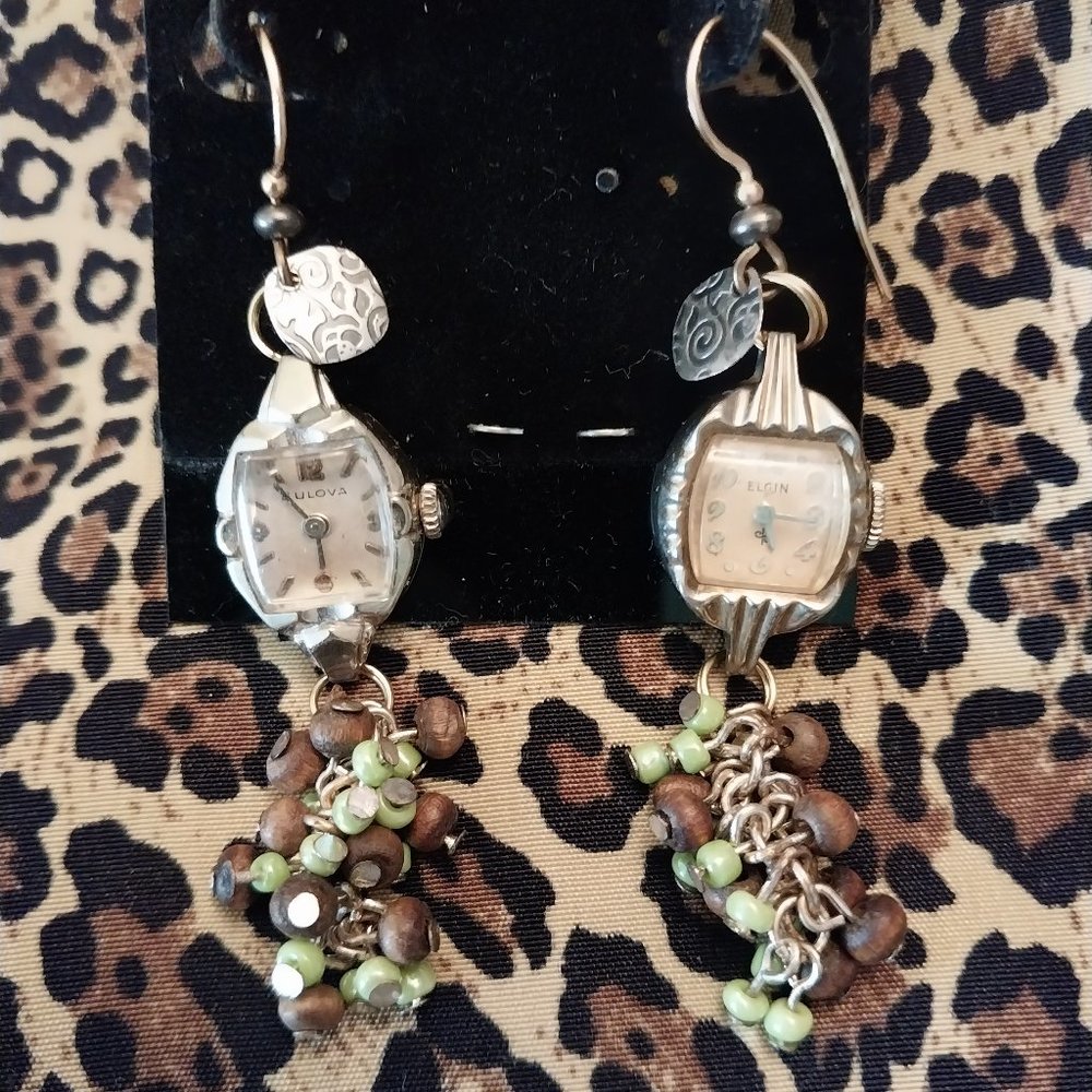2601 Upcycled Watch Face Earrings With Gold and silver, 3" Long. Nickle free - Picture 1 of 1